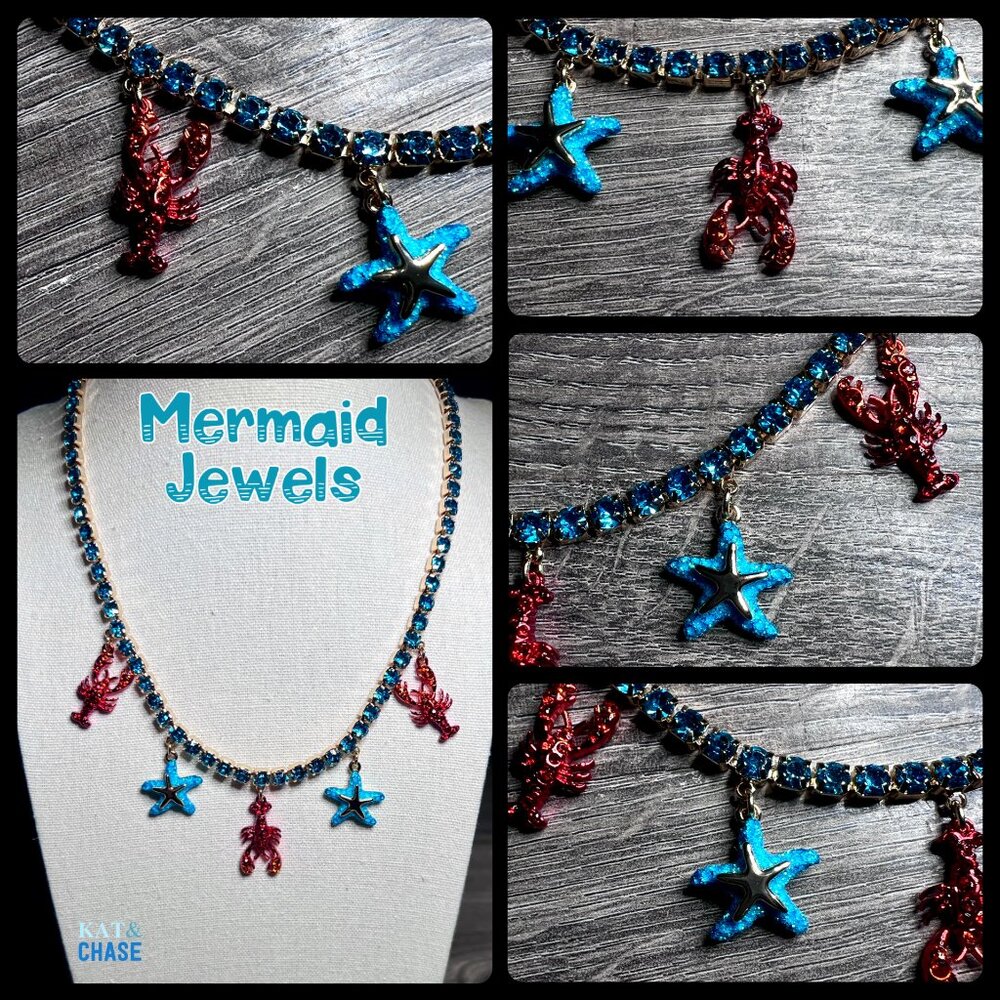 Betsey Johnson Mermaid Jewels Lobster Starfish Charm Tennis Necklace Beach July - Picture 5 of 12
